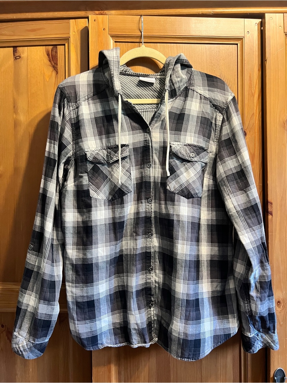 Columbia Black White Plaid Hooded Button-Up Shirt